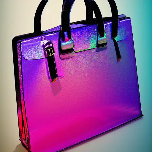 Prompt: a plastic designer bag, iridescent color, fashion shooting, photorealistic, fantasy, artstation, studio photo