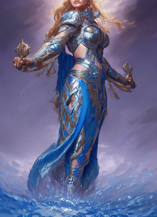 Image similar to a goddess of water wearing blue armor, with hands and hair turning into wearing, fantasy, intricate, elegant, highly detailed, digital painting, artstation, concept art, wallpaper, smooth, sharp focus, illustration, art by artgerm and greg rutkowski and alphonse mucha