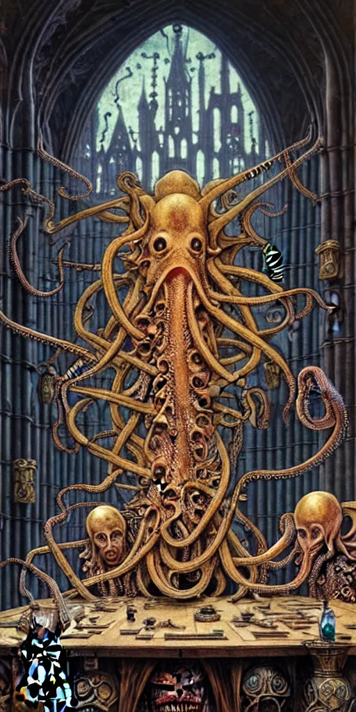 Image similar to mages with human bodies and magical armour with octopus heads sitting near the table in an ancient mage castle with enormous scale, gothic and baroque, brutalist architecture, ultradetailed, Intricate by John Howe and Josan Gonzalez and Giuseppe Arcimboldo