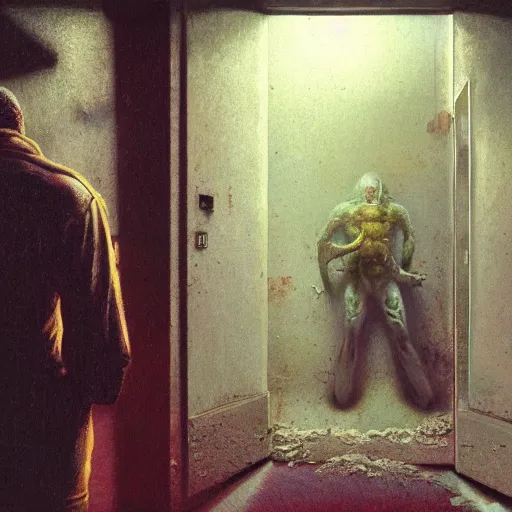 Prompt: depressed fbi agent in a run down motel room, beksinski, wayne barlowe, very coherent symmetrical artwork, cinematic, hyper realism, high detail, octane render, 8 k