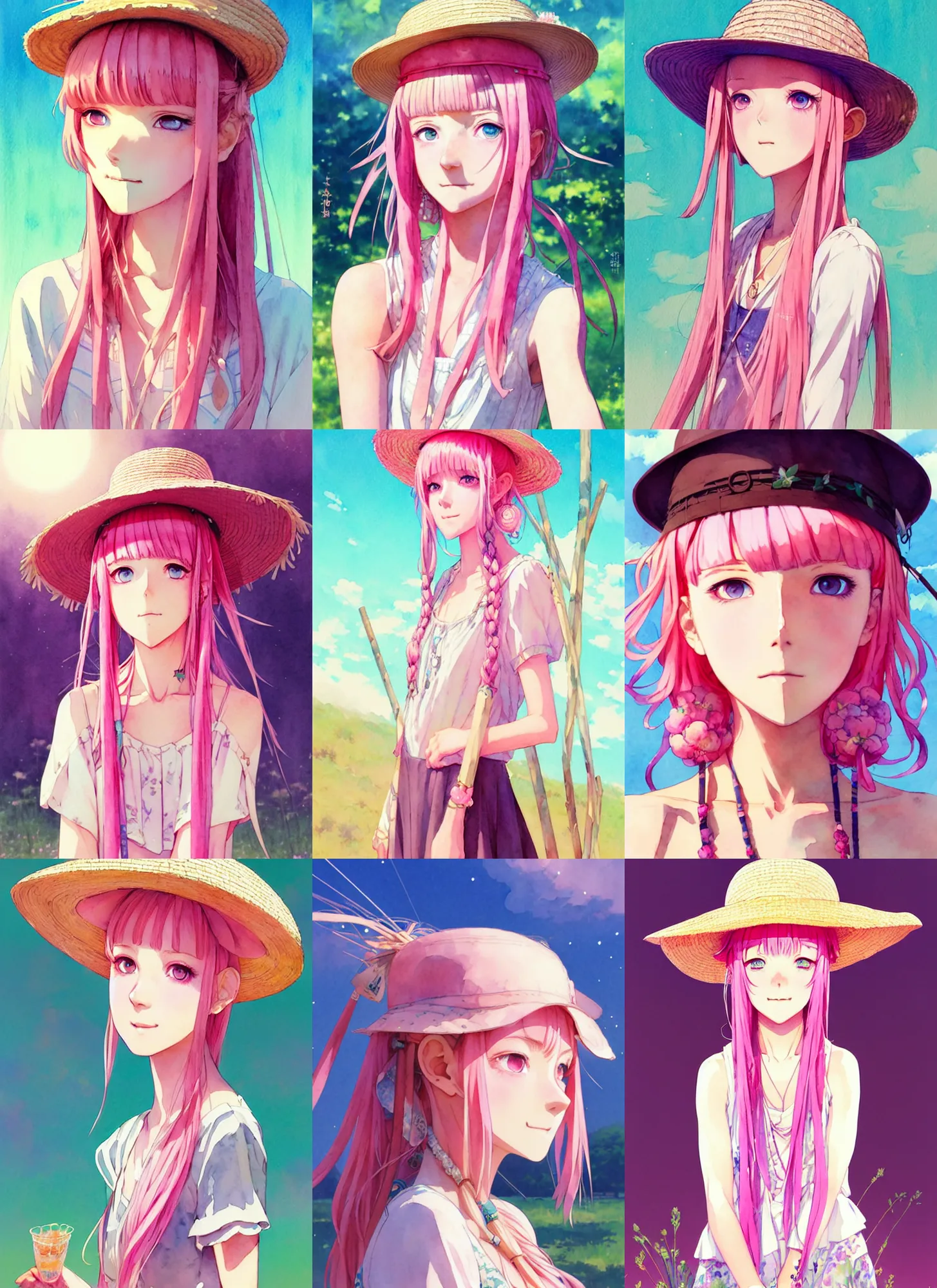 Prompt: portrait of a beautiful girl with pink hair with straw hat dress in boho style camping, symmetry face, top lighting, cute - fine - face, ( watercolor ), light novel cover art, art by hidari and krenz cushart and wenjun lin and starember and kuvshinov ilya and kidmo and rossdraws and artgerm