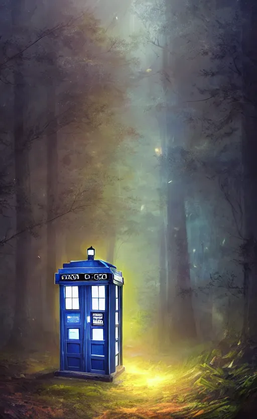 Image similar to a portrait of a tardis, in the woods, dynamic lighting, photorealistic fantasy concept art, trending on art station, stunning visuals, creative, cinematic, ultra detailed