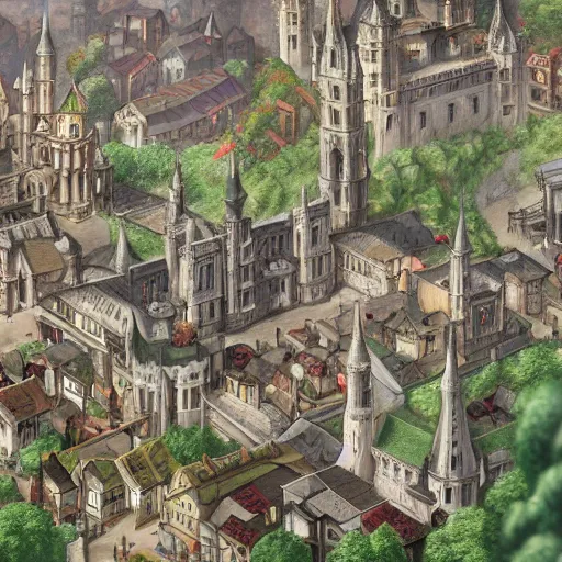 Image similar to elegant fantasy capital city, in the foreground sprawling houses and shops lining the crowded streets. in the background is a large stone castle with several tall spires. realistic, highly detailed painting concept art style