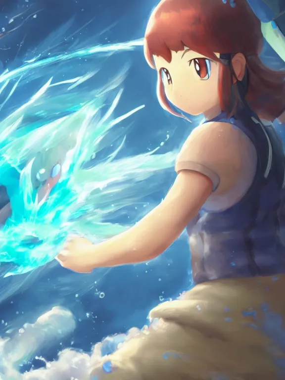 Prompt: a ultradetailed beautiful portrait of a water - type pokemon trainer preparing to battle, dynamic lighting, cinematic lighting, etheric, oil panting, high resolution, 4 k, by ken sugirmori, makoto shinkai and artgerm