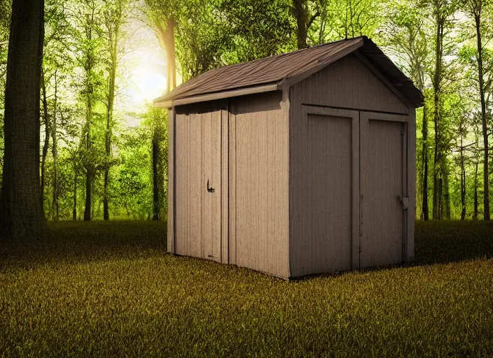 Prompt: digital 3D art of a shed in the forest, bubbly style