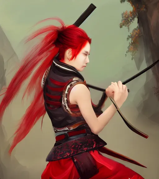 Image similar to a girl with red hair holding a katana, samurai outfit, japanese clothes, ponytail, action shot, highly detailed, digital painting, artstation, concept art, smooth, sharp focus, illustration