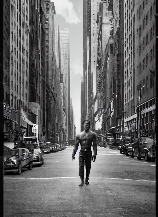 Prompt: film still, portrait of tarzan walk on the street of new york, symmetrical, 8 k, medium - format print, half body shot