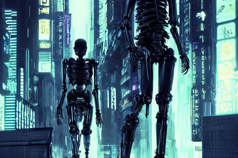 Image similar to cyberpunk skeletal black mecha android walking down hallway, Skeletal face single eye. long limbs black shiny. glowing_red_eye RTX UE5 Artstation Bladerunner_2049_scene!!!!!! Cyberpunk 2077 bladerunner2049!!! bladerunner!!! Dark figure walking down white hallway slightly offset fancy hallway. reflective floor!!!!! Tom Bagshaw and Greg Rutkowski and Alphonse Mucha