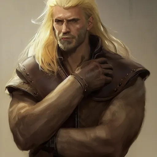 Prompt: portrait of a muscular, grim, ponytail haired blonde man in his late 30's, wearing a thick brown leather coat, looking to his side, hunter, DnD character, fantasy character, digital art by Ruan Jia, Krenz Cushart, Rossdraws and Boris Vallejo