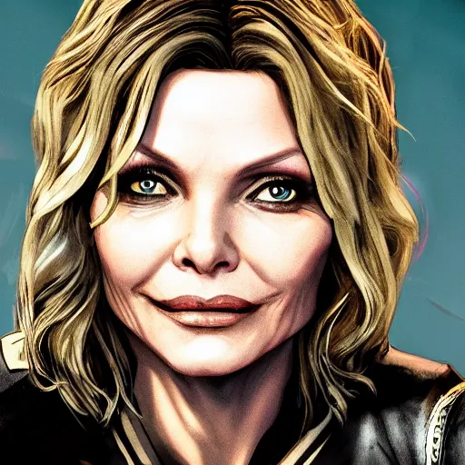 Prompt: michelle pfeiffer portrait, borderlands, tales from the borderlands, the wolf among us, comic, cinematic lighting, studio quality, 8 k