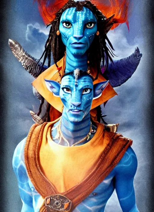 Image similar to johny Depp in the movie avatar as blue creature, tattoo's, warrior, movie poster
