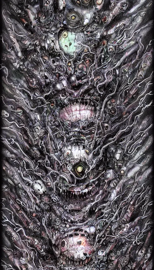 Image similar to a storm vortex made of many demonic eyes and teeth, by yoshitaka amano,