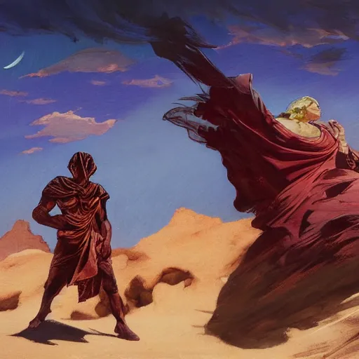 Prompt: Silk sheet desert baleful covenant Bedouin under crimson azure diamond sky, in the style of Frank Frazetta, Jeff Easley, Caravaggio, extremely clear faces coherent, clear lines, 8K revolution