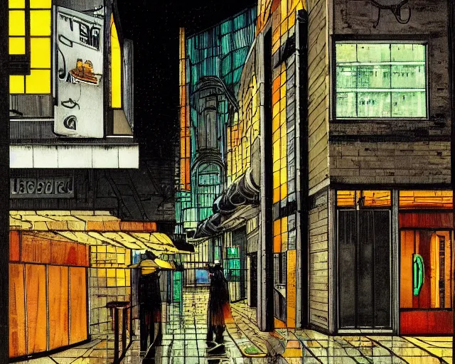 Image similar to exterior of the only cyberpunk open restaurant in a night rainy melancholy cyberpunk city by de chirico