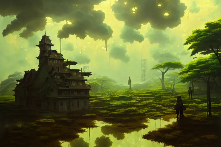 Image similar to baroque oil painting of anime key visual environment concept art of anime overgrown brutalist dark fantasy, rain, rule of thirds, cinematic lighting, fake hidden detail, trending on pixiv fanbox, acrylic palette knife and brush, style of makoto shinkai studio ghibli genshin impact jamie wyeth james gilleard greg rutkowski