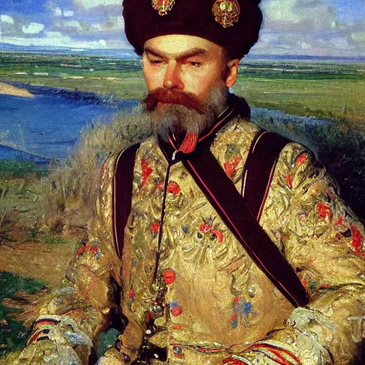 Image similar to portrait of russian tsar in Cap of Monomakh watching smartphone masterpiece painting by vasnetsov and surikov serov, JEAN-VICTOR BERTIN, by Terence Cuneo, detailed, artfully traced, 4k resolution, cinematic, dramatic