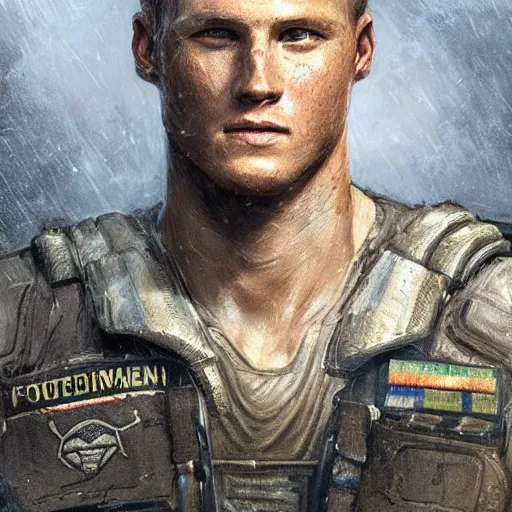 Image similar to portrait of a man by greg rutkowski, alexander ludwig as a colonial marine from aliens franchise, he is about 3 0 years old, military composure, wearing the tactical gear of the colonial marines, highly detailed portrait, digital painting, artstation, concept art, smooth, sharp foccus ilustration, artstation hq