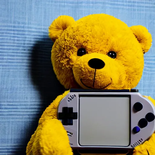 Image similar to Cute yellow teddy bear holding a Game Boy in its paws, playing Tetris.