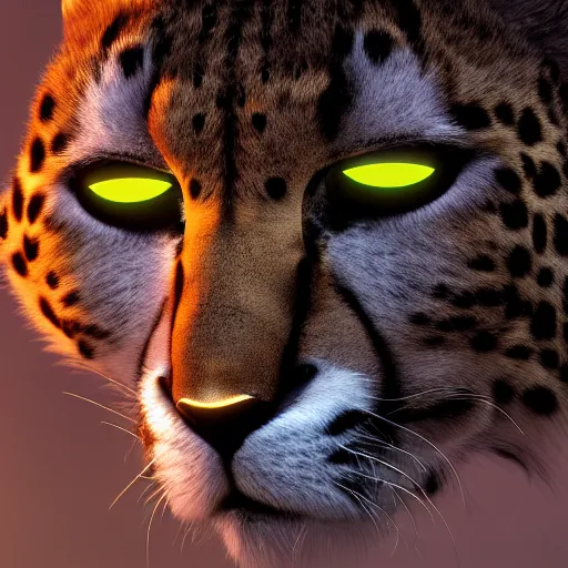 Image similar to closeup profile shot of a cybernetic cheetah, city lights, strong bokeh, dramatic, cinematic, high contrast, octane render, artstation, 4k