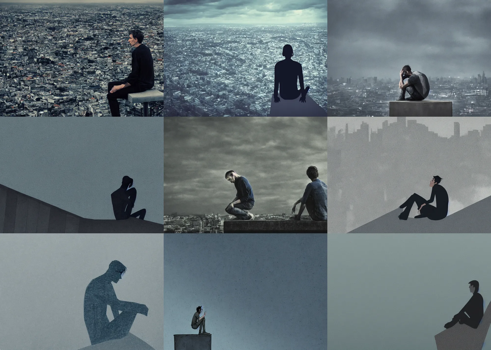 Prompt: close up side view of a skinny, gaunt, sad man sitting at the edge of a very high building, looking at the city, crying, dramatic lighting, digital art, animated style, blue grey palette color, Tim Burton's style