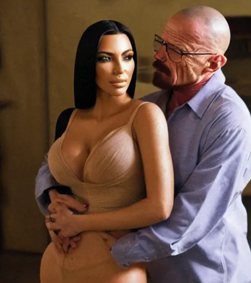 Image similar to Walter White hugging kim kardashian romanticly his hands on her waist, in a derelict mafia mansion