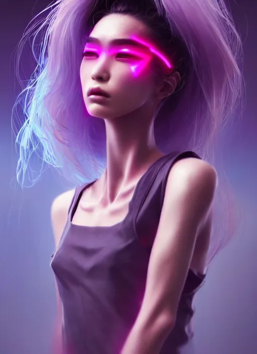 Image similar to photorealistic portrait of oriental female humanoid, wind blowing hair, cyber neon lights, highly detailed, cyberpunk high fashion, elegant, crispy quality, trending in artstation, trending in pinterest, glamor pose, no signature, no watermark, cinematic, art by pascal blanche