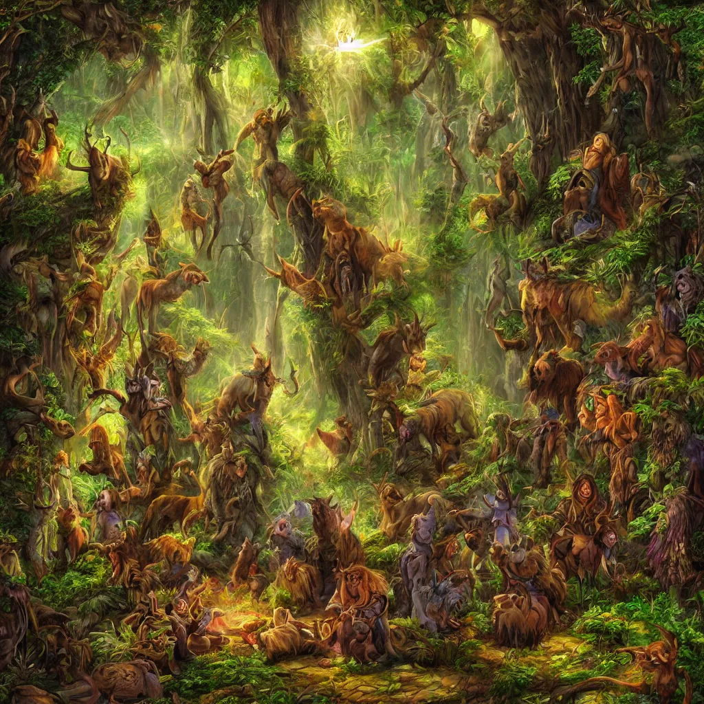Prompt: circle of wilderness druids in an enchanted forest vibrant with colours, high fantasy, epic, realistic, detailed, smooth, clean, vibrant, sunrays, high resolution