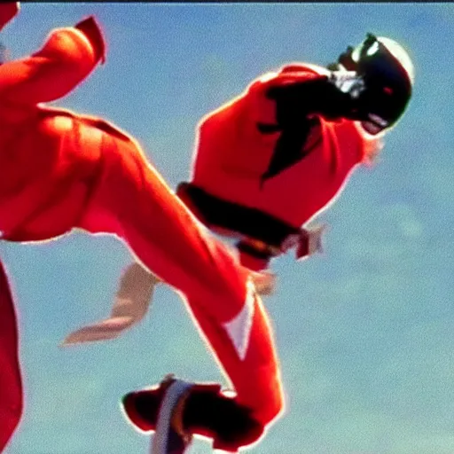 Prompt: power rangers villain german suplexing the red ranger