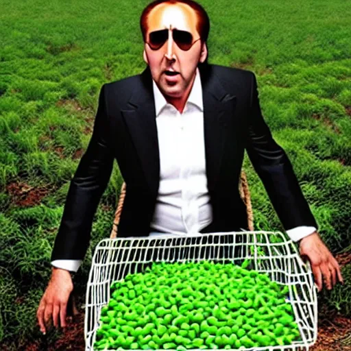 Image similar to nicolas cage trapped in a wicker cage being covered in peas, screaming