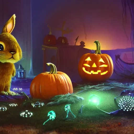 Prompt: halloween celebration, expressive eyes, floating, rbc, bunny, radiolaria, protophyta, micro - organisms, center frame, symmetric, rim light, marine microbiology, bioluminescence, electric, fur, soft, concept art, intricate details, highly detailed, colorful, photorealistic, disney pixar, octane render,