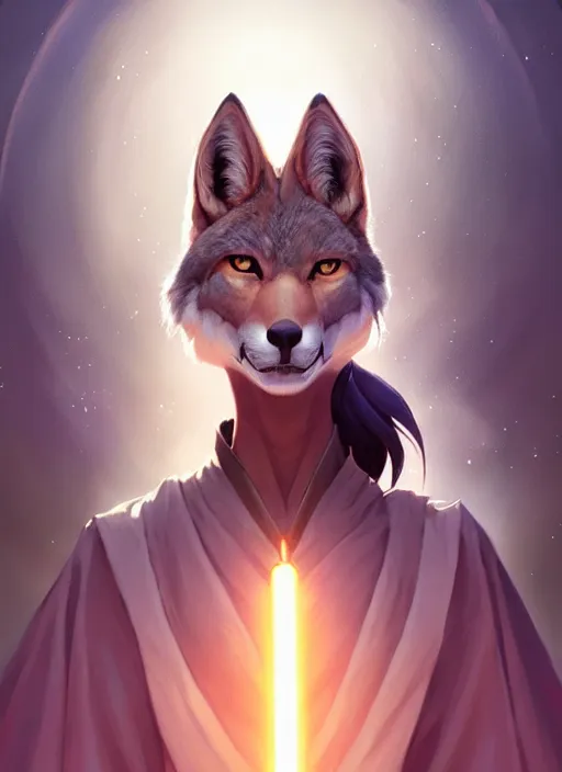 Image similar to beautiful portrait of a female anthro coyote wearing jedi robes. character design by charlie bowater, ross tran, artgerm, and makoto shinkai, detailed, soft lighting, rendered in octane