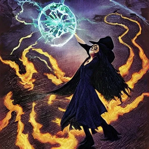 Prompt: epic fantasy painting of the wicked witch of the west summoning magical energy in order to shoot a huge fireball ; action pose, intense screaming expression, oz series, played by margaret hamilton, thatched worn rooftop background, art by adam hughes, in the style of adam hughes