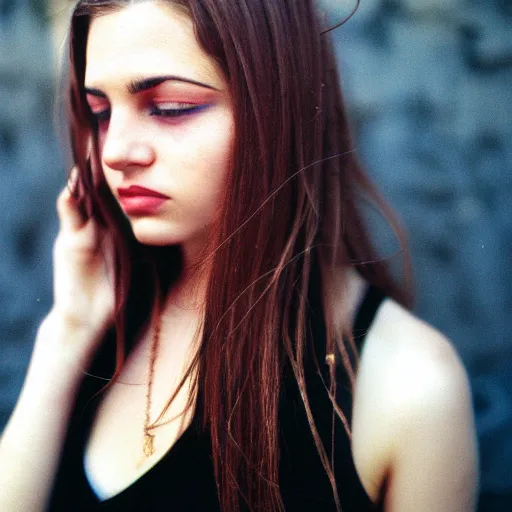 Image similar to 35mm film photo of an atractive cool alternative bosnian woman in her early 20s. beautiful face. She has dark brown hair, dark thick eyebrows, brown eyes and shoulder long hair.