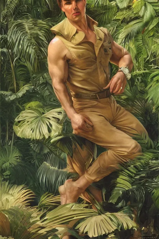 Image similar to tom cruise, golden hour, in a tropical garden by a pool, artstation, by j. c. leyendecker and peter paul rubens,