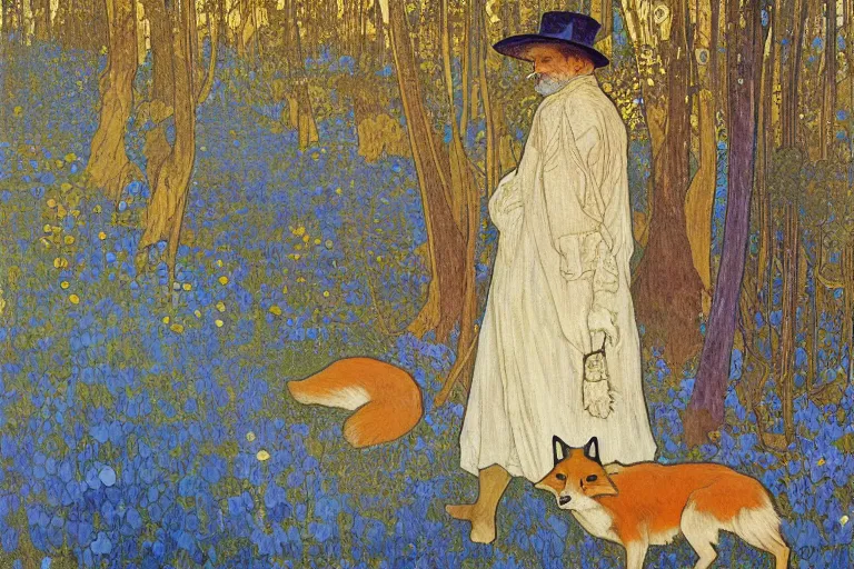 Image similar to landscape art nouveau painting of an old man dressed as a farmer and his fox in the forest, by alphonse mucha and gustav klimt and antoni gaudi, masterpiece,, warm shades of blue, silver, orange, gold, and pink, oil painting, high resolution, very detailed, oil on canvas