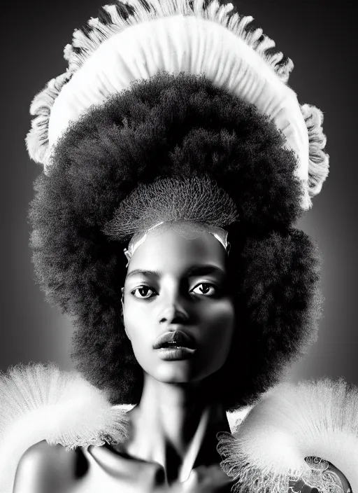 Prompt: a fierce nubile young woman with reflections in her eyes and afro hair, wearing a intricate white shaman costume, clear skin, elegant, graceful, fashionable, swirling dark energy in background, cinematic, hyperdetailed illustration by irakli nadar and alexandre ferra, intricate linework, depth of field, global illumination,