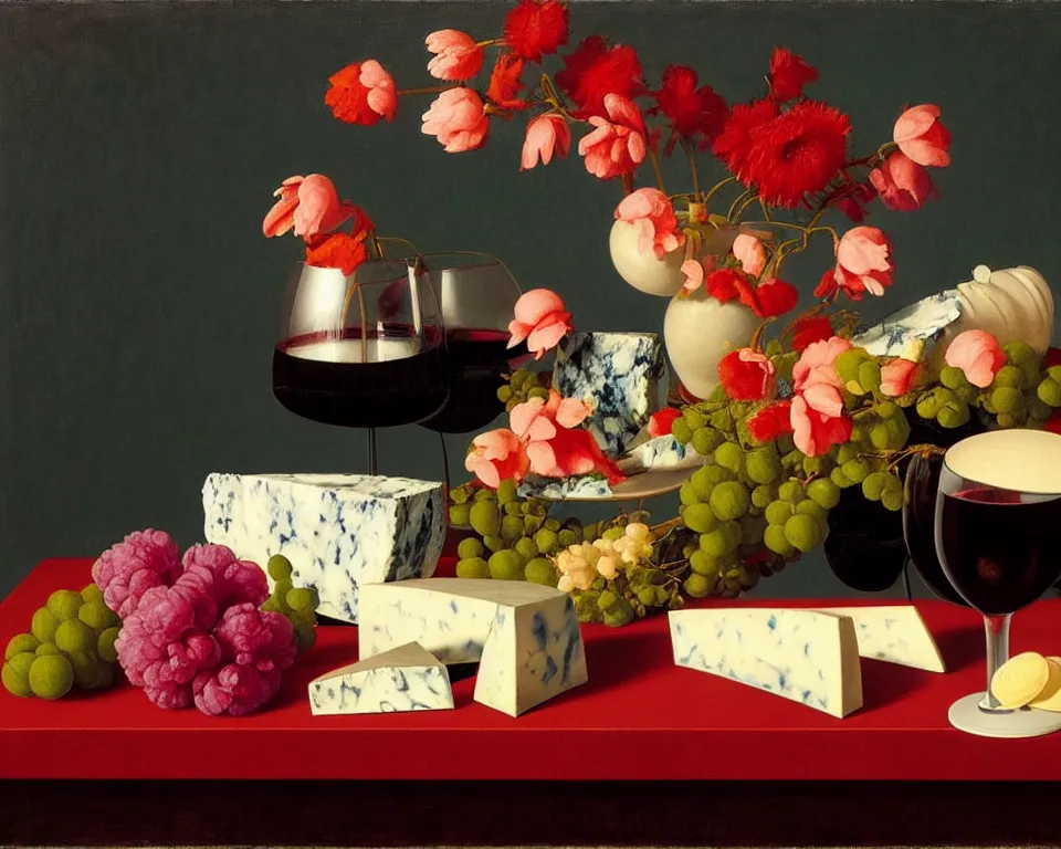 Prompt: an achingly beautiful still life featuring blooming flowers, cheeses, and flowing red wine by Raphael, Hopper, and Rene Magritte. detailed, romantic, studio lighting, enchanting, trending on artstation.