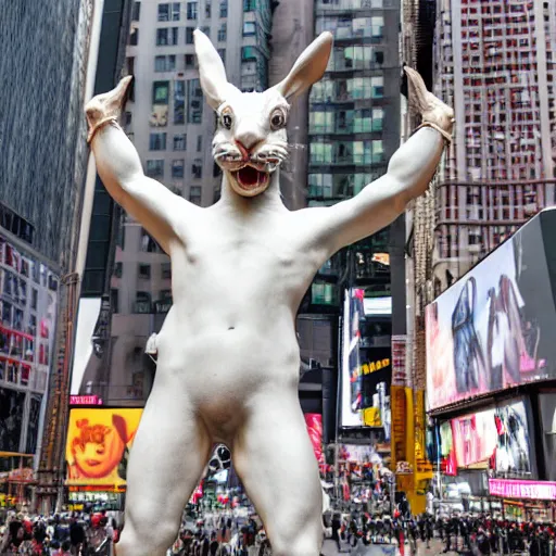 Image similar to a realistic renaissance sculpture of a very scary bunny with sharp teeth made by michelangelo, standing in times square, 3 d render, hyper detailed, sharp focus, 8 k resolution