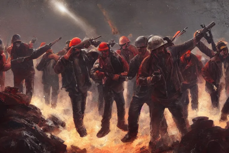 Image similar to intense dramatic still of a ragtag group of miners and factory workers with improvised weapons and firearms and dark red scarves, on the surface of an asteroid, outside of a high tech industrial building, medium shot, oil painting by charles frederic ulrich, jason ryan artstation, greg rutkowski, trending on artstation, incredible detail