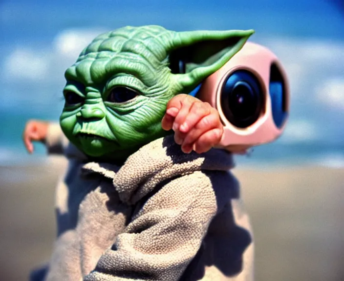 Prompt: disposable camera photo of a very detailed baby yoda!! at the beach looking at a seagull!!!!. photo by martin parr and annie lebovitz. flash photography. sharp face