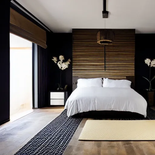 Image similar to bedroom, stone, interior design, stylish luxury hotel bedroom design, yakisugi, black vertical slatted timber, textures, feminine, black walls, art, Japanese pottery vase with flowers, kakejiku, seasonal, Japanese influences