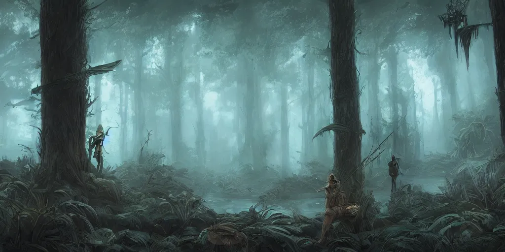 Image similar to modern reed - people hunting in futuristic spiritual mystical post apocalyptic forest drawn by justin roiland, dim painterly volumetric aquatic lighting, beautiful, crisp, artstation, highly detailed