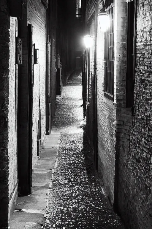 Prompt: old victorian london back alley lit by candles with dark shadows