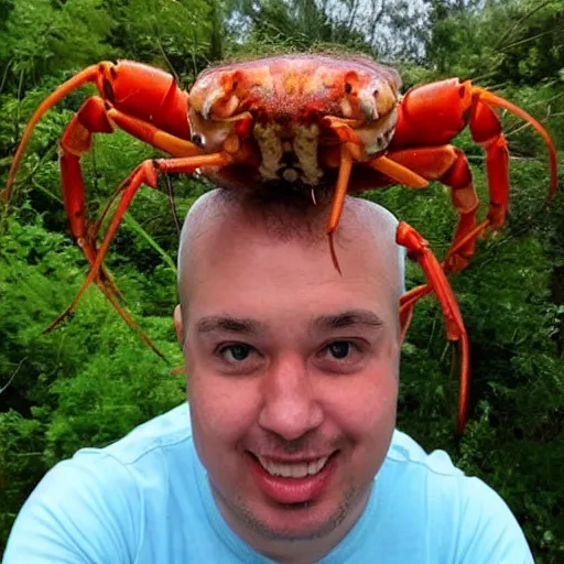 Prompt: photo of man with a crayfish on his head, realistic