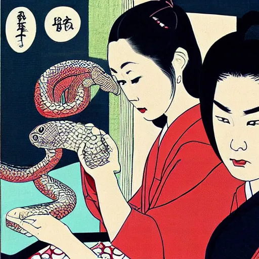 Image similar to A Japanese husband and his beautiful Japanese wife with a snake crawling around them, drinking tea by Toshio Saeki, high detailed