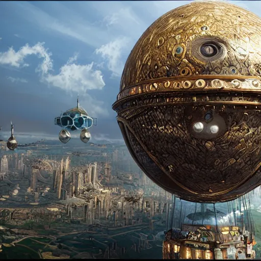 Image similar to enormous flying city in a faberge egg, sky, steampunk, fantasy art, unreal engine,