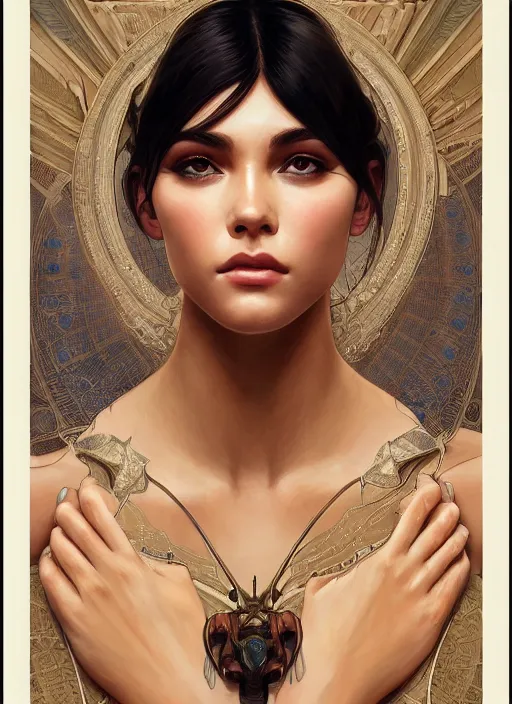 Image similar to symmetry!! madison beer, machine parts embedded into face, intricate, elegant, highly detailed, digital painting, artstation, concept art, smooth, sharp focus, illustration, art by artgerm and greg rutkowski and alphonse mucha, 8 k