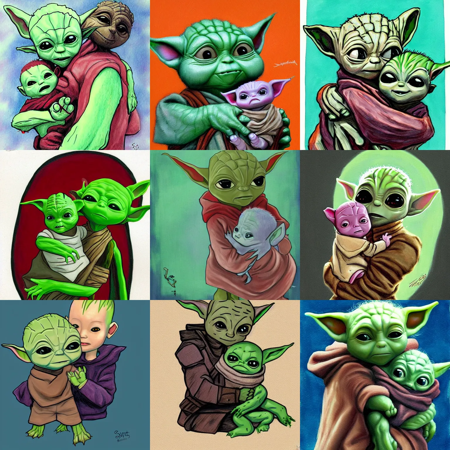 Prompt: baby yoda holding baby groot in his arms by scott lava