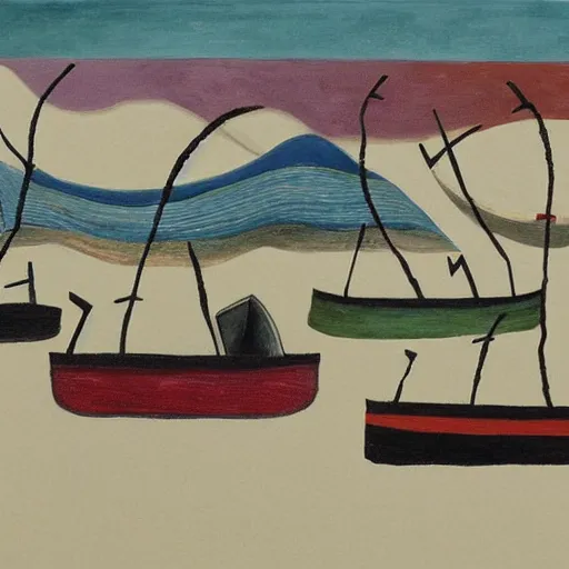 Image similar to the conceptual art depicts a huge wave about to crash down on three small boats. the boats are filled with people, and they all look terrified. craquelure, aaahh!!! real monsters by sean scully, by eleanor vere boyle opulent