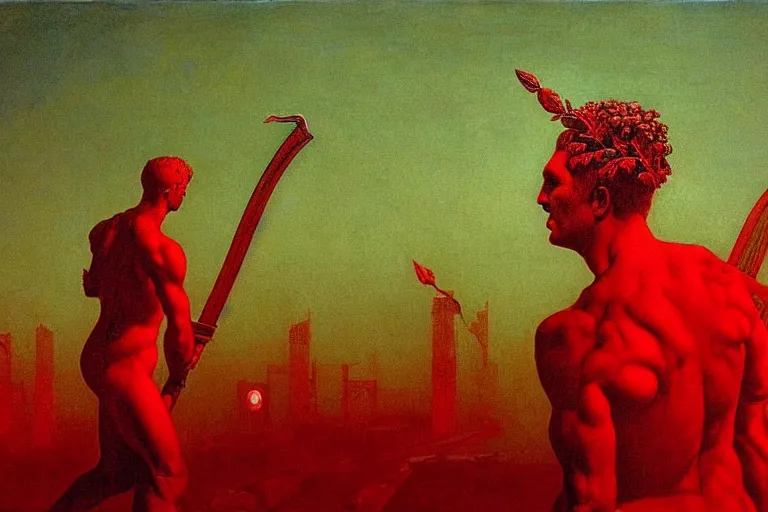 Image similar to only with red, a red melted apollo with a laurel wreath and a flaming sword announce the win, athens in the background, in the style of beksinski, part by hopper, part by rodcenko, part by hofbauer, intricate composition, red by caravaggio, insanely quality, highly detailed, masterpiece, red light, artstation